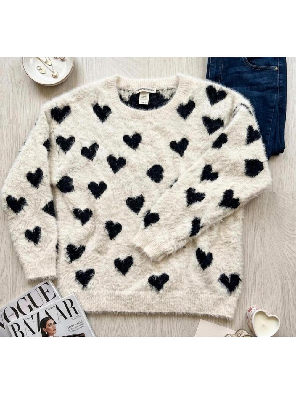 Cotton Emporium Fuzzy Heart Sweater Cream Black Eyelash Knit Soft Cozy Large NWT